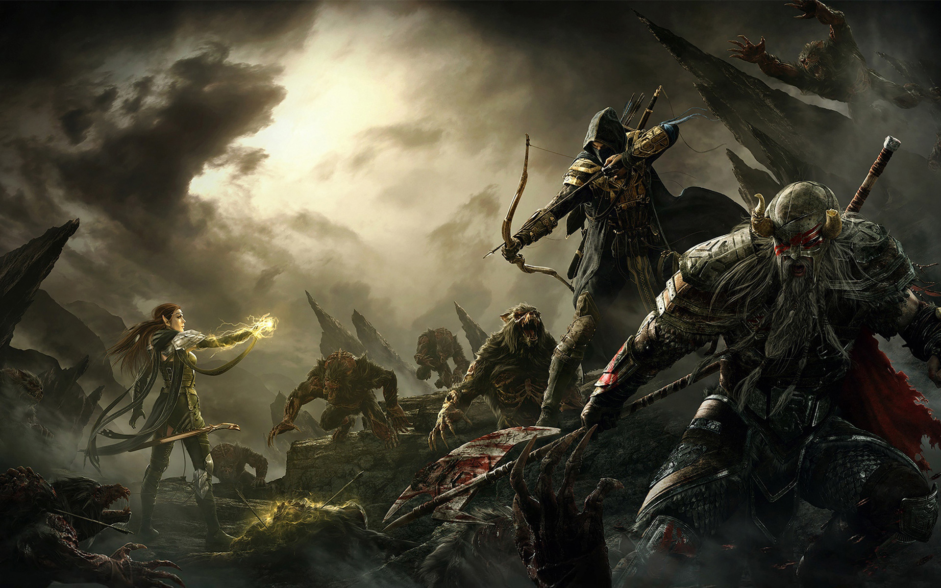 elder, Scrolls, V, Skyrim, Warriors, Archer, Men, Monster, Armor, Game, Fantasy, Battle, Magic Wallpaper