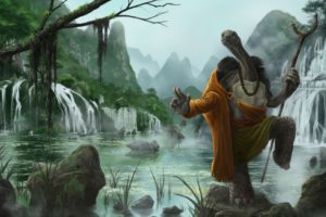 kung, Fu, Panda, Turtle, Warrior, River, Cartoon, Fantasy, Waterfall