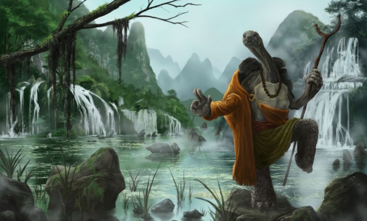kung, Fu, Panda, Turtle, Warrior, River, Cartoon, Fantasy, Waterfall HD Wallpaper Desktop Background
