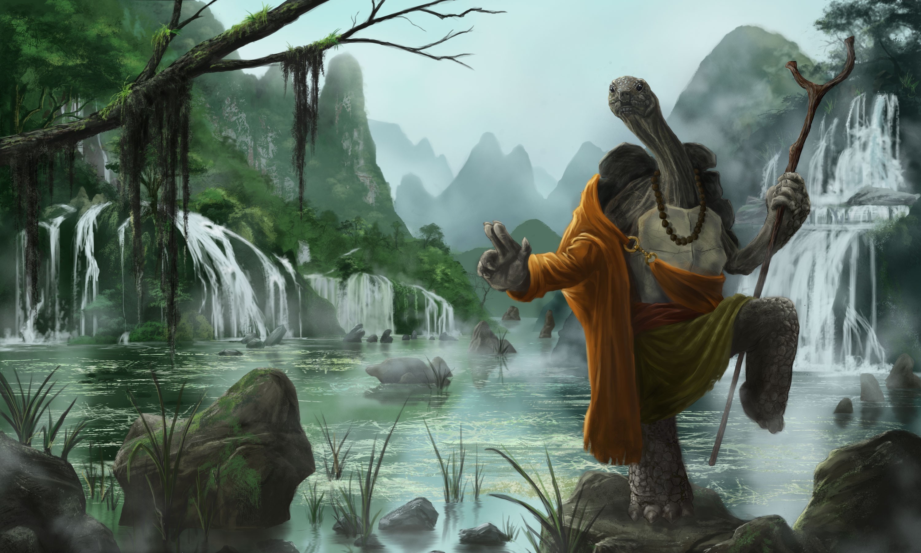 kung, Fu, Panda, Turtle, Warrior, River, Cartoon, Fantasy, Waterfall Wallpaper