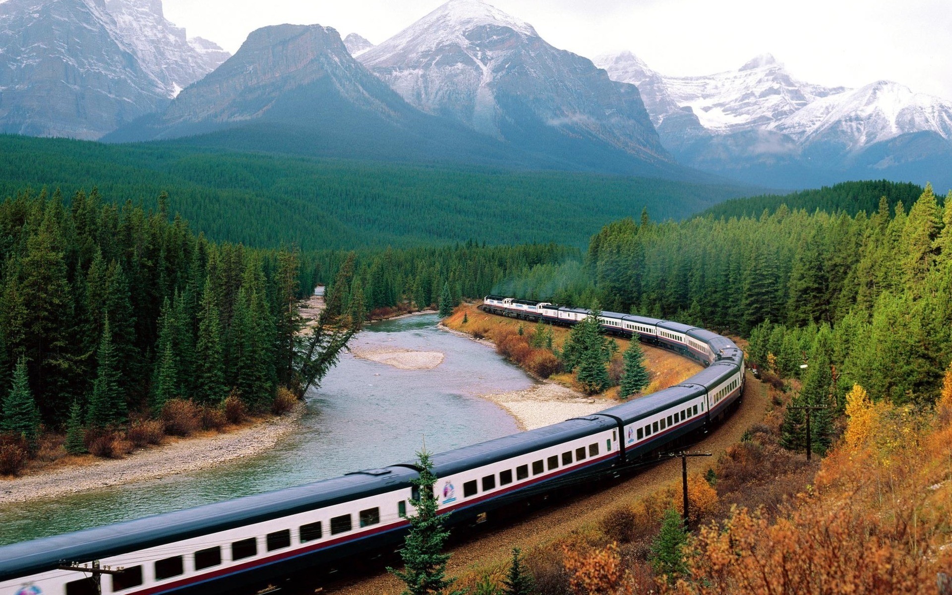 mountains, Nature, Forest, Trains Wallpaper