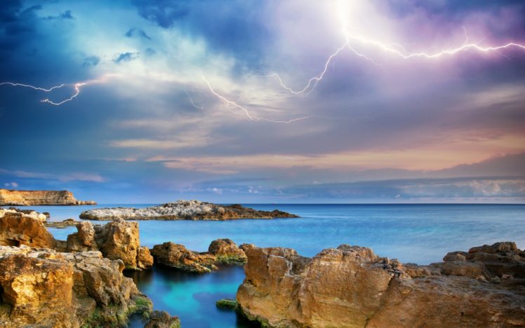 ocean, Shore, Sky, Clouds, Lightning HD Wallpaper Desktop Background
