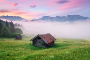 mountains, Mist, Cottage, Alps, Meadow, Germany