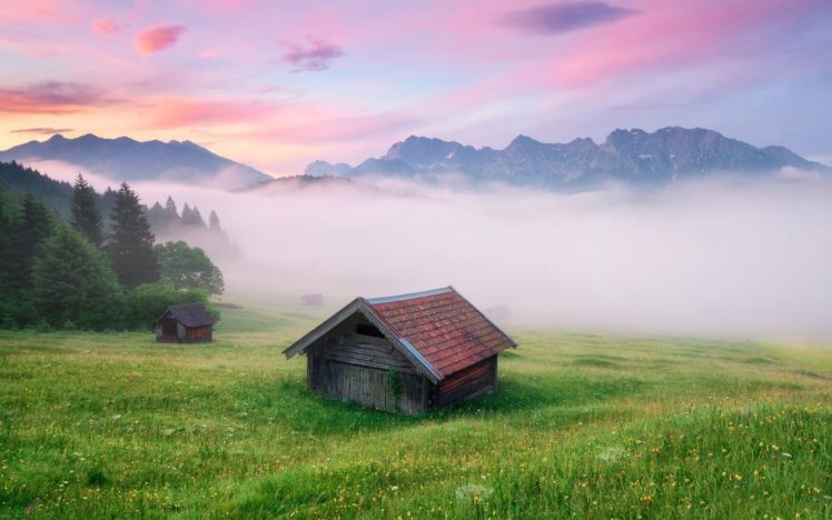 mountains, Mist, Cottage, Alps, Meadow, Germany HD Wallpaper Desktop Background