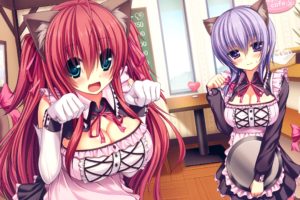namaiki, Delation, Animal, Ears, Catgirl, Cleavage, Elbow, Gloves, Game, Cg, Maid, Namaiki, Delation, Natsushima, Misaki, Nishimura, Shiori, Purple, Hair, Red, Hair, Syroh, Tail, Waitress