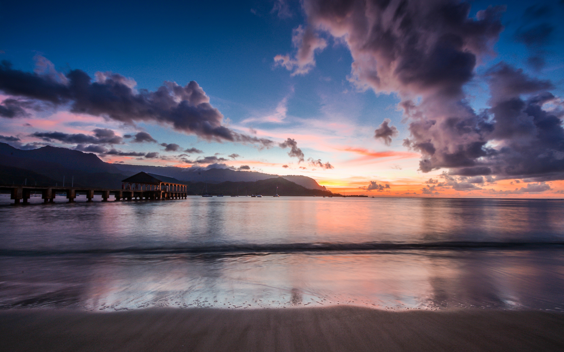 dock, Sunset, Clouds, Beach, Ocean Wallpaper
