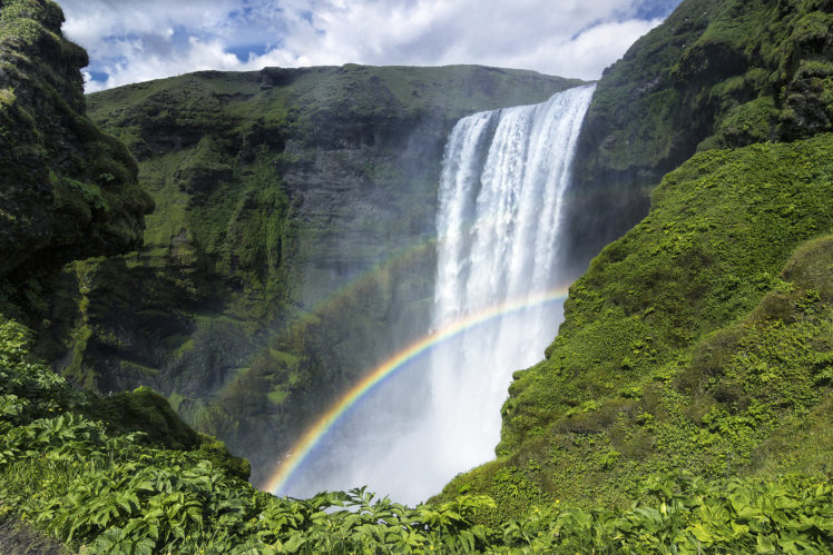 iceland, Rainbow, Rock, Waterfall HD Wallpaper Desktop Background
