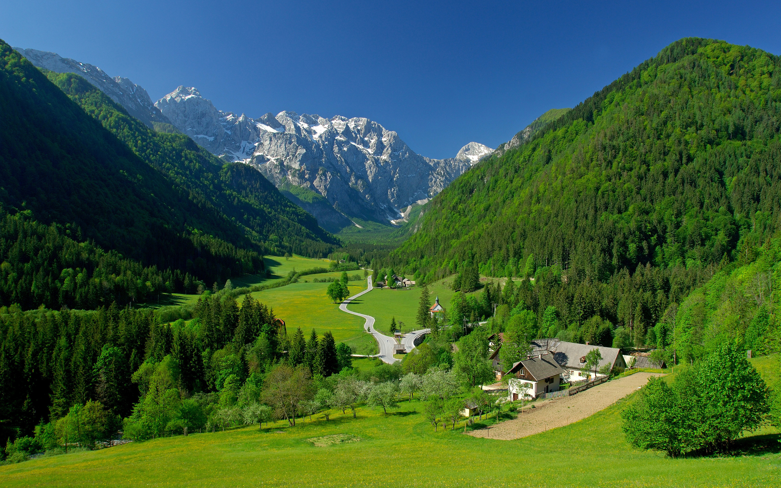 spring, Alpine, Valley, Mountains, Fields, Landscape Wallpaper