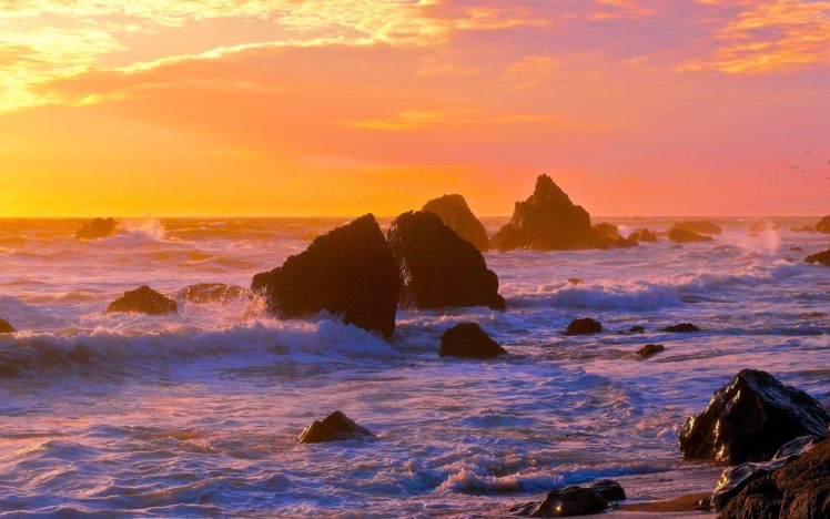 sunset, Sea, Rocks, Waves, Landscape, Ocean HD Wallpaper Desktop Background