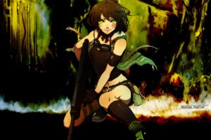 brunettes, Tattoos, Green, Guns, Gloves, Fighter, Fight, Belts, Weapons, Green, Eyes, Goggles, Short, Hair, Sneakers, Warriors, Shorts, Ahoge, Soft, Shading, Zippers, Anime, Girls, Armbands, Facial, Mark