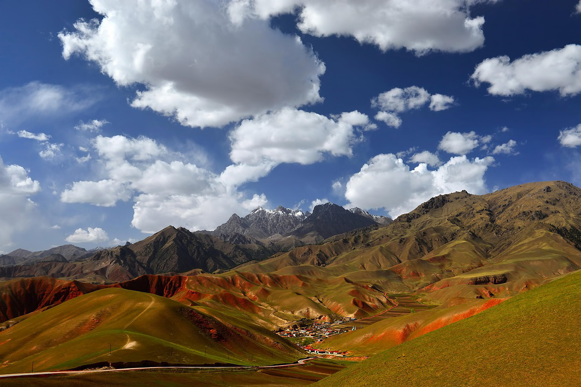 china, Landscape, Mountains, Village, Houses, Sky, Clouds Wallpaper