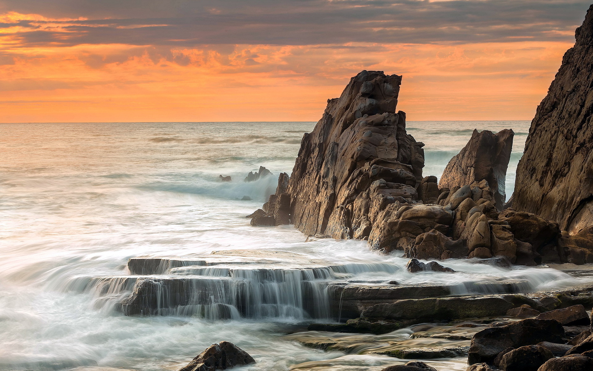 sea, Rocks, Landscape, Sunset, Ocean, Waves Wallpaper