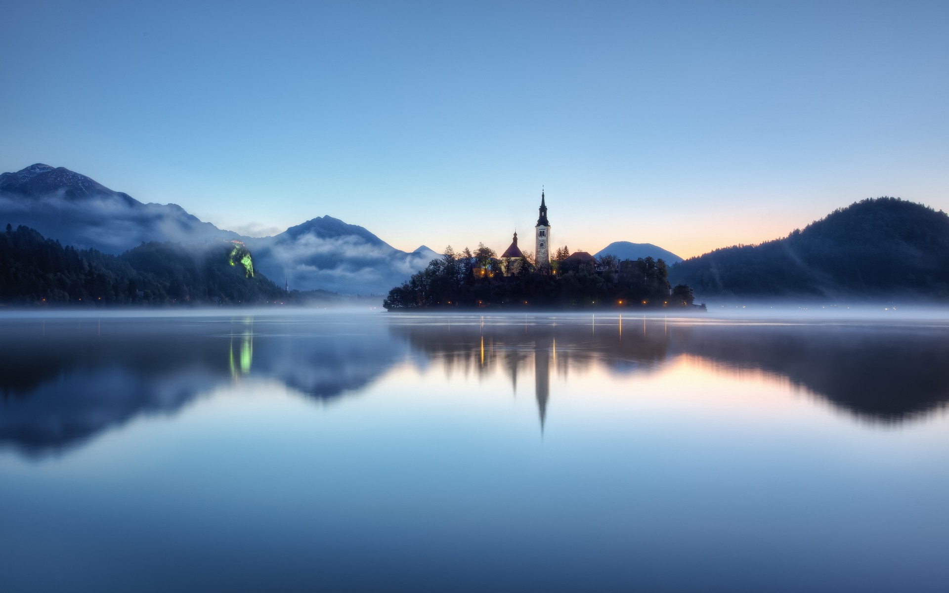 water, Mountains, Nature, Trees, Forest, Hills, Fog, Church, Slovenia, Lakes Wallpaper