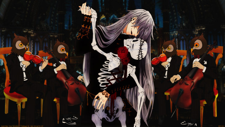 kuroshitsuji, Cello, Flowers, Kuroshitsuji, Music, Rose, Skull, Undertaker, Violin HD Wallpaper Desktop Background