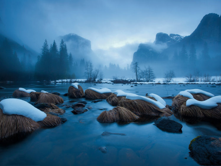 river, Water, Snow, Fog, Rocks, Mountains, Winter HD Wallpaper Desktop Background