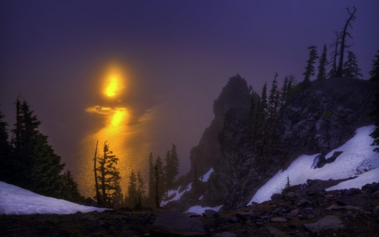 crater, Lake, Oregon, Dawn, Sunrise, Rocks, Trees, Lake, Reflection HD Wallpaper Desktop Background