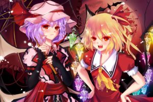 blondes, Video, Games, Touhou, Wings, Cross, Dress, Moon, Vampires, Purple, Hair, Red, Eyes, Short, Hair, Crystals, Blush, Bows, Red, Dress, Sisters, Open, Mouth, Fangs, Gems, Ponytails, Umbrellas, Flandre, Scarl