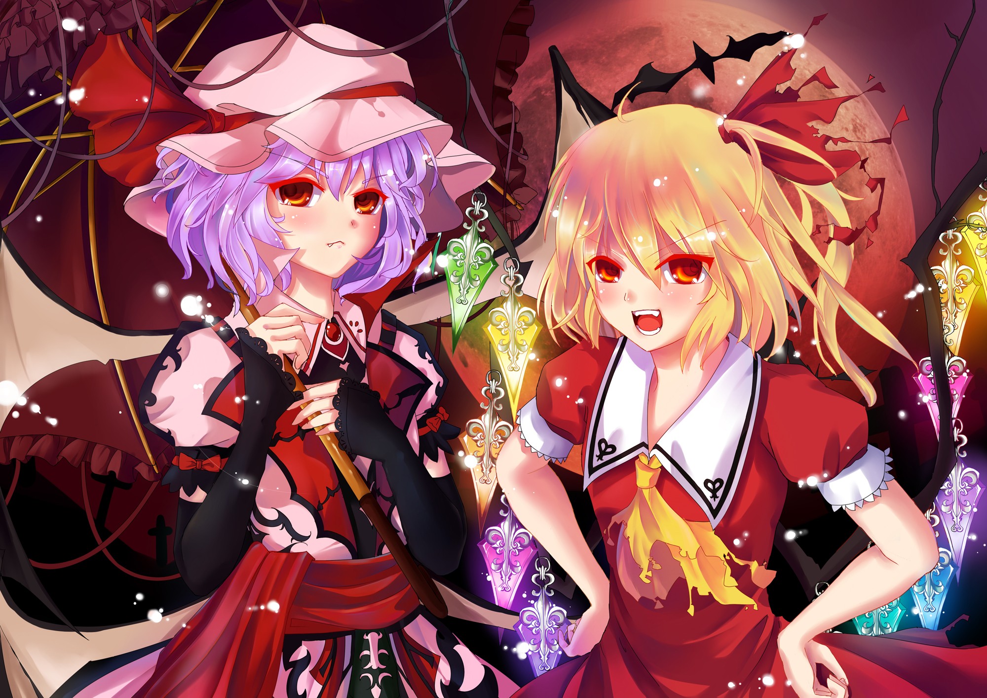 blondes, Video, Games, Touhou, Wings, Cross, Dress, Moon, Vampires, Purple, Hair, Red, Eyes, Short, Hair, Crystals, Blush, Bows, Red, Dress, Sisters, Open, Mouth, Fangs, Gems, Ponytails, Umbrellas, Flandre, Scarl Wallpaper