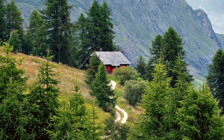 alps, Mountains, Trees, Road, House, Landscape HD Wallpaper Desktop Background