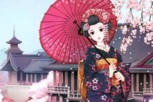 cherry, Blossoms, Flowers, Kimono, Umbrellas, Flower, Petals, Japanese, Clothes, Anime, Girls, Black, Hair, Nardack,  artist