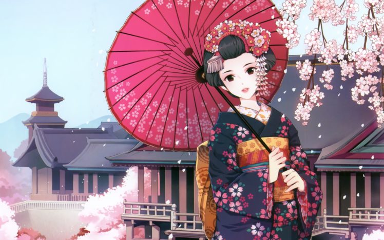 cherry, Blossoms, Flowers, Kimono, Umbrellas, Flower, Petals, Japanese, Clothes, Anime, Girls, Black, Hair, Nardack,  artist HD Wallpaper Desktop Background