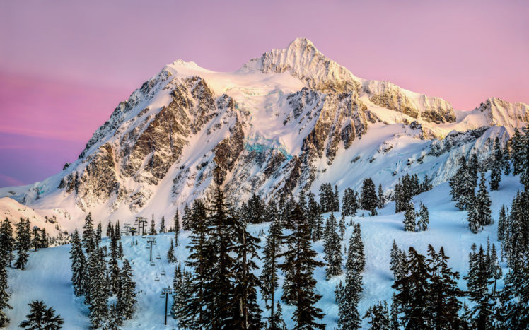 mountains, Snow, Trees, Conifers, Sunset HD Wallpaper Desktop Background