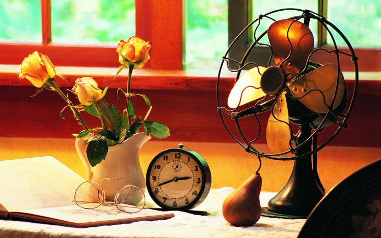 blades, Fan, Desk, Window, Work, Clock, Alarm, Background, Pear, Glasses, Flowers, Pitcher, Roses, Book HD Wallpaper Desktop Background