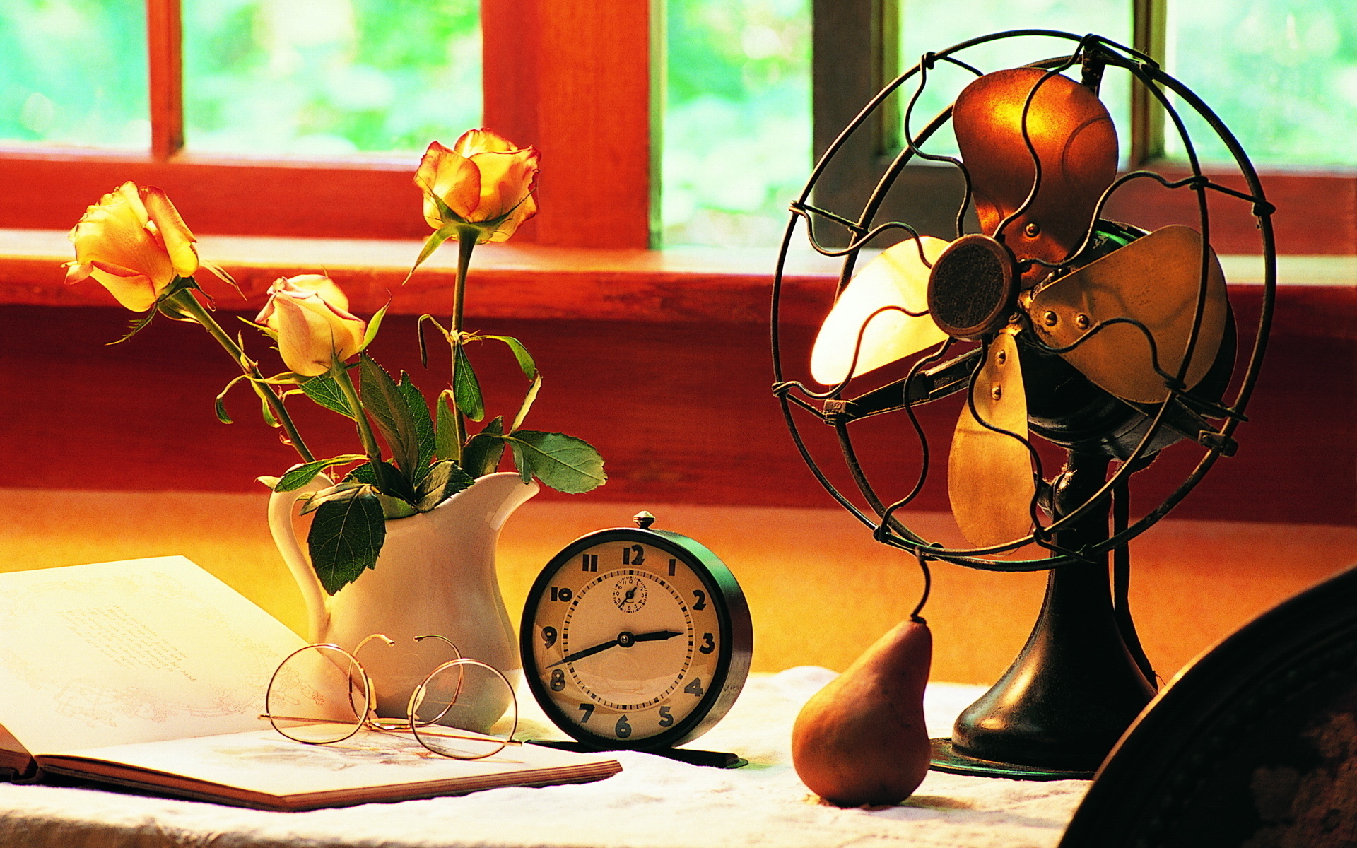 blades, Fan, Desk, Window, Work, Clock, Alarm, Background, Pear, Glasses, Flowers, Pitcher, Roses, Book Wallpaper