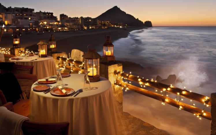 sunset, Ocean, Coast, Lights, Romantic, Restaurant, Luxury, Lantern HD Wallpaper Desktop Background