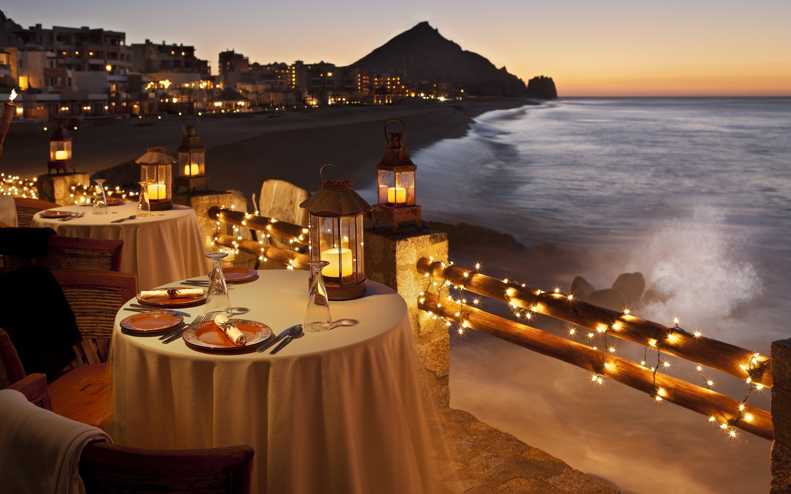 sunset, Ocean, Coast, Lights, Romantic, Restaurant, Luxury, Lantern Wallpaper