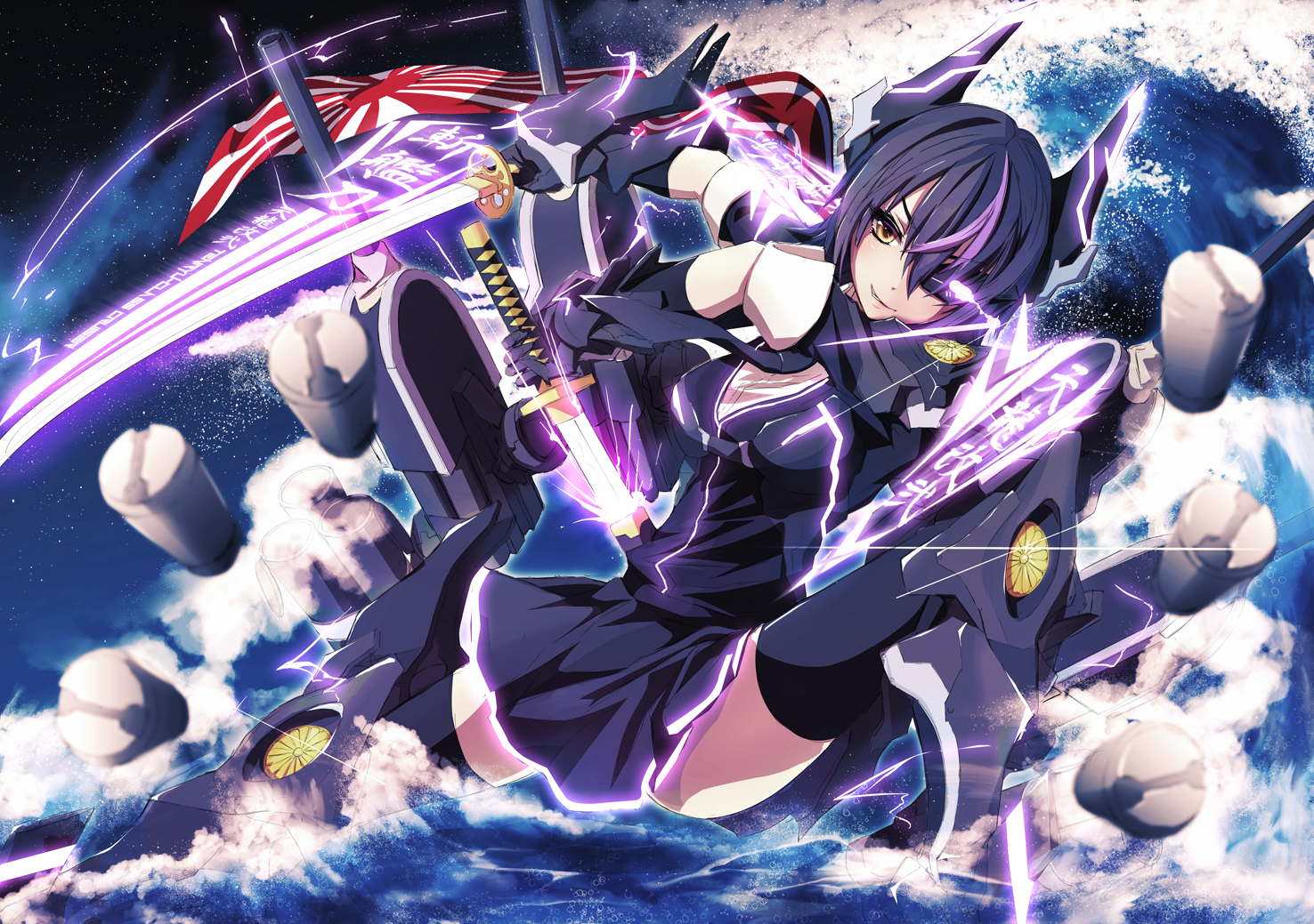 kantai, Collection, Eyepatch, Gloves, Katana, Merontomari, Sword, Tenryuu,  kancolle , Thighhighs, Weapon Wallpaper