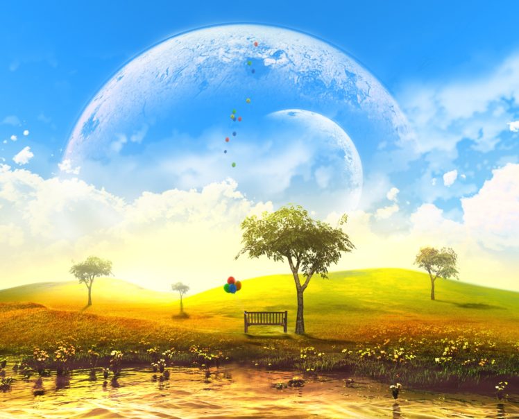 original, 3d, Bench, Clouds, Grass, Landscape, Moon, Nobody, Original, Scenic, Sky, Tree, Water, Y k HD Wallpaper Desktop Background