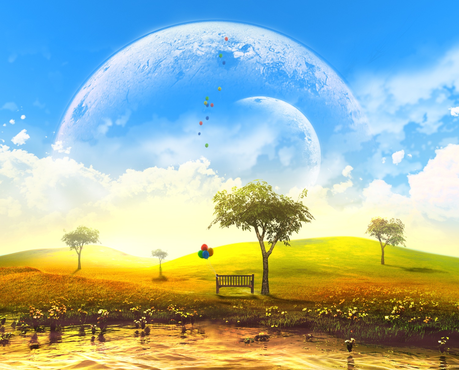 original, 3d, Bench, Clouds, Grass, Landscape, Moon, Nobody, Original, Scenic, Sky, Tree, Water, Y k Wallpaper