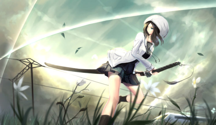 original, Black, Hair, Blue, Eyes, Flowers, Hat, Katana, Kikivi, Leaves, Original, Skirt, Socks, Sword, Train, Weapon HD Wallpaper Desktop Background