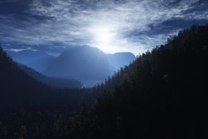 mountains, Sun, Trees, Forest