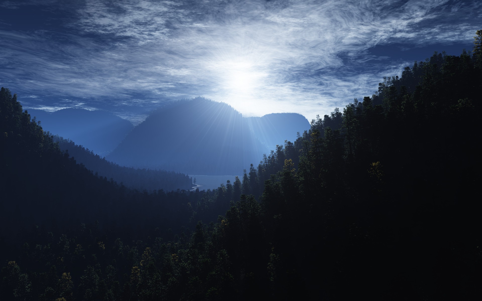 mountains, Sun, Trees, Forest Wallpaper