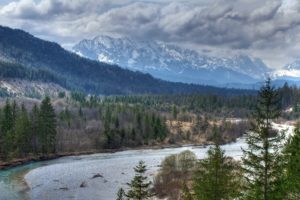 river, Mountains, Trees, Sky, Clouds, Landscape