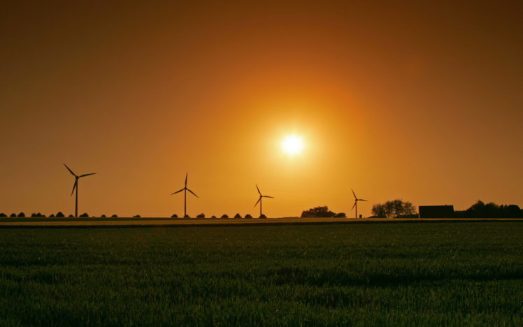 sunset, Landscapes, Grass, Fields, Wind, Turbines HD Wallpaper Desktop Background