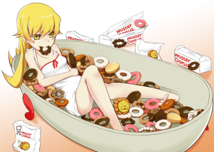 blondes, Dress, Food, Long, Hair, Donuts, Barefoot, Yellow, Eyes, Oshino, Shinobu, Series, Nisemonogatari, Monogatari, Series HD Wallpaper Desktop Background