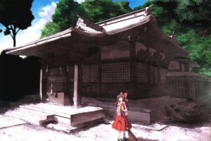 brunettes, Video, Games, Clouds, Touhou, Trees, Long, Hair, Socks, Shrine, Miko, Brooms, Scenic, Hakurei, Reimu, Bows, Skyscapes, Japanese, Clothes, Hakurei, Shrine, Detached, Sleeves, Hair, Ornaments, Scans