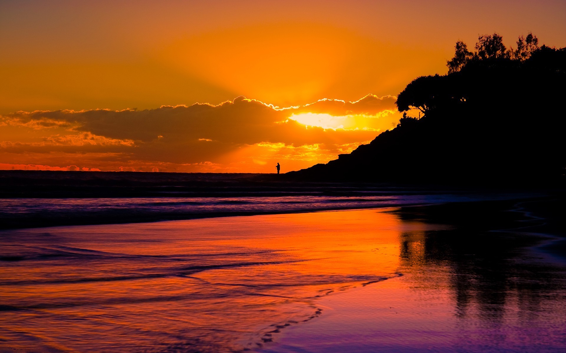 sunset, Beach, Seas, Silhouette Wallpaper