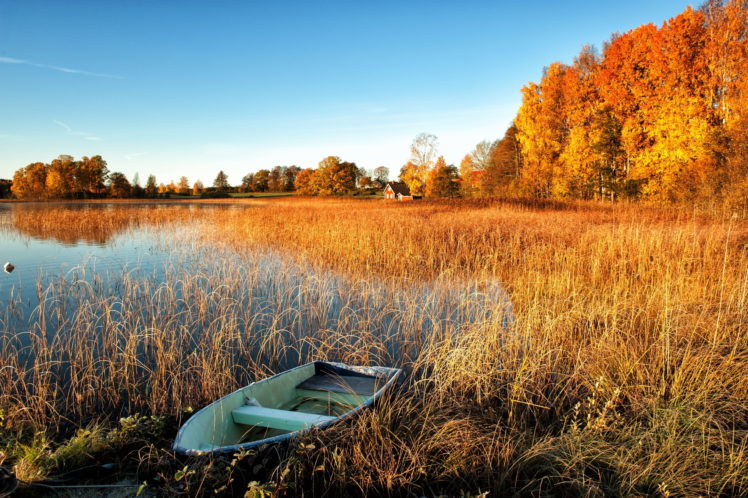 autumn, Boat, Lake, Trees, Houses HD Wallpaper Desktop Background