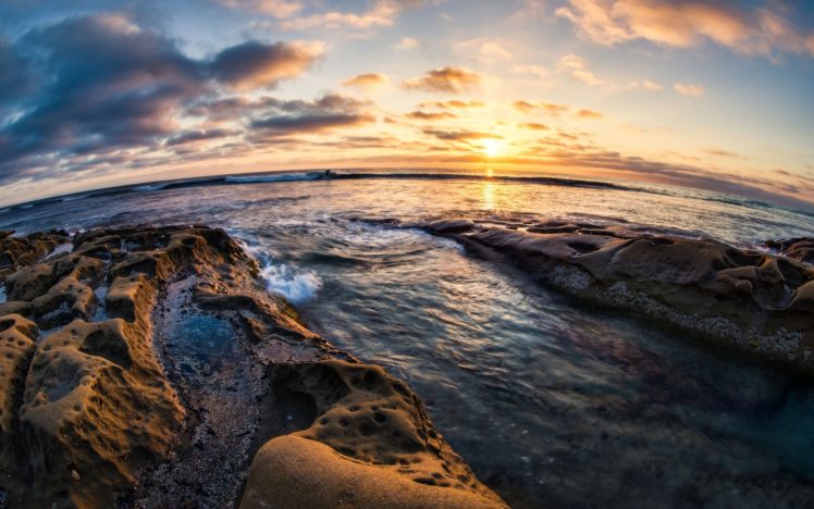 rocks, Sunset, Coast, Ocean, Horizon HD Wallpaper Desktop Background