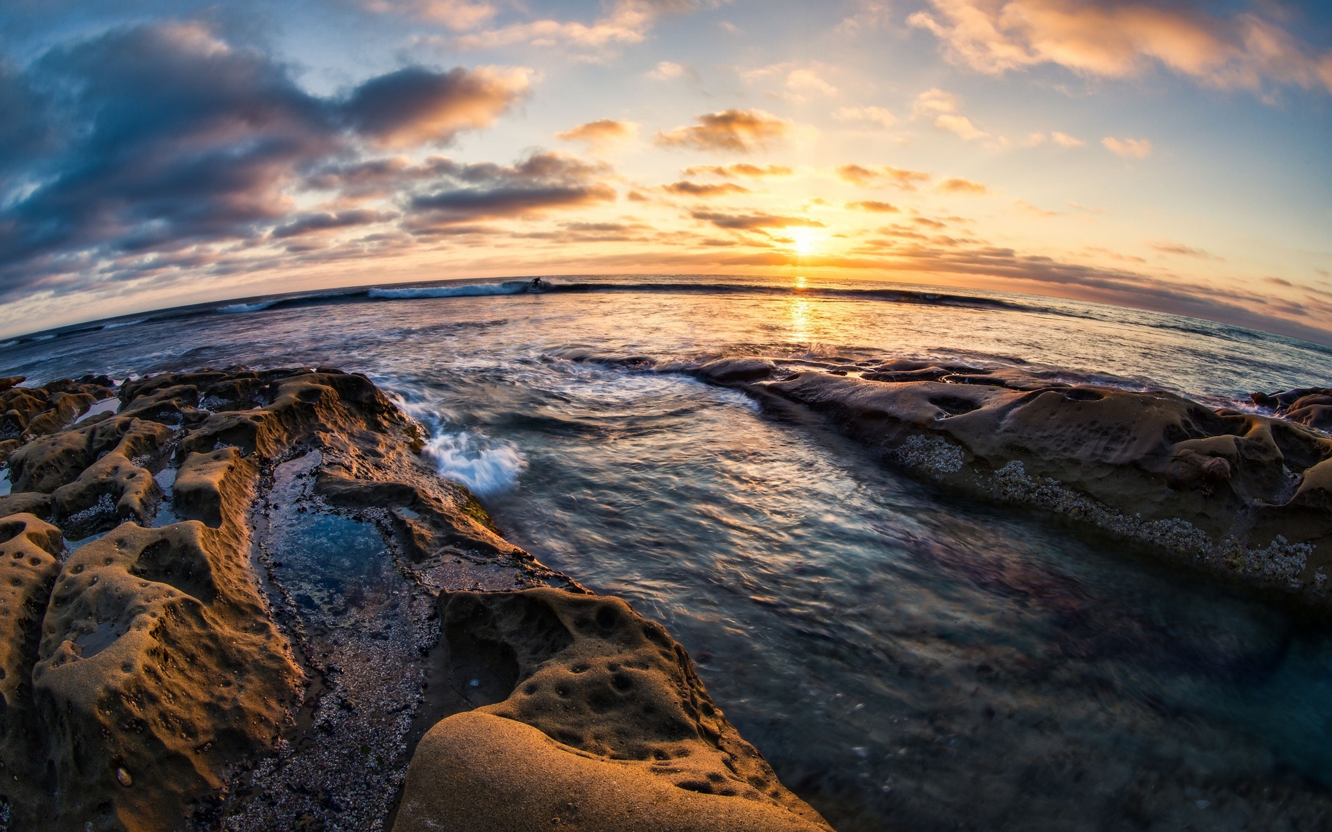 rocks, Sunset, Coast, Ocean, Horizon Wallpaper