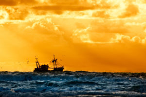 ship, Sunset, Fishing, Flee