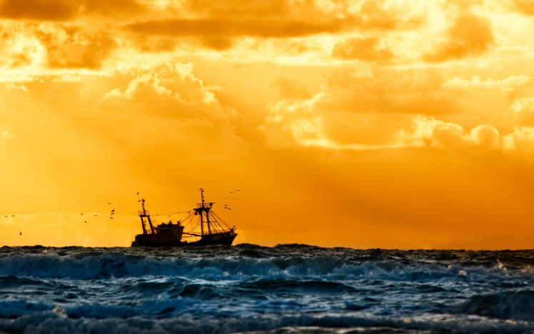 ship, Sunset, Fishing, Flee HD Wallpaper Desktop Background