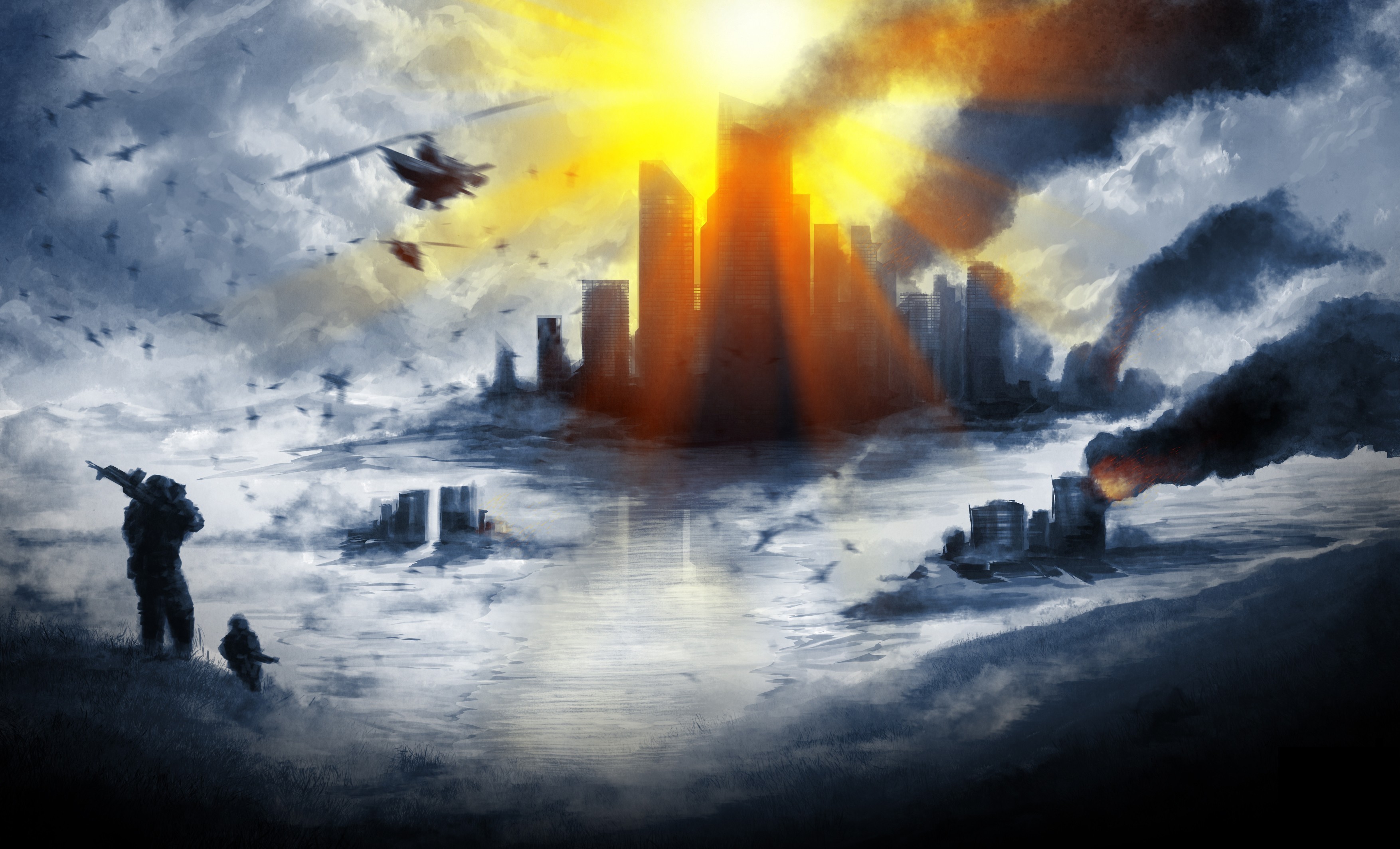 battlefield, 4, Skyscrapers, Smoke, Rays, Of, Light, Games, Apocalyptic, Sci fi Wallpaper