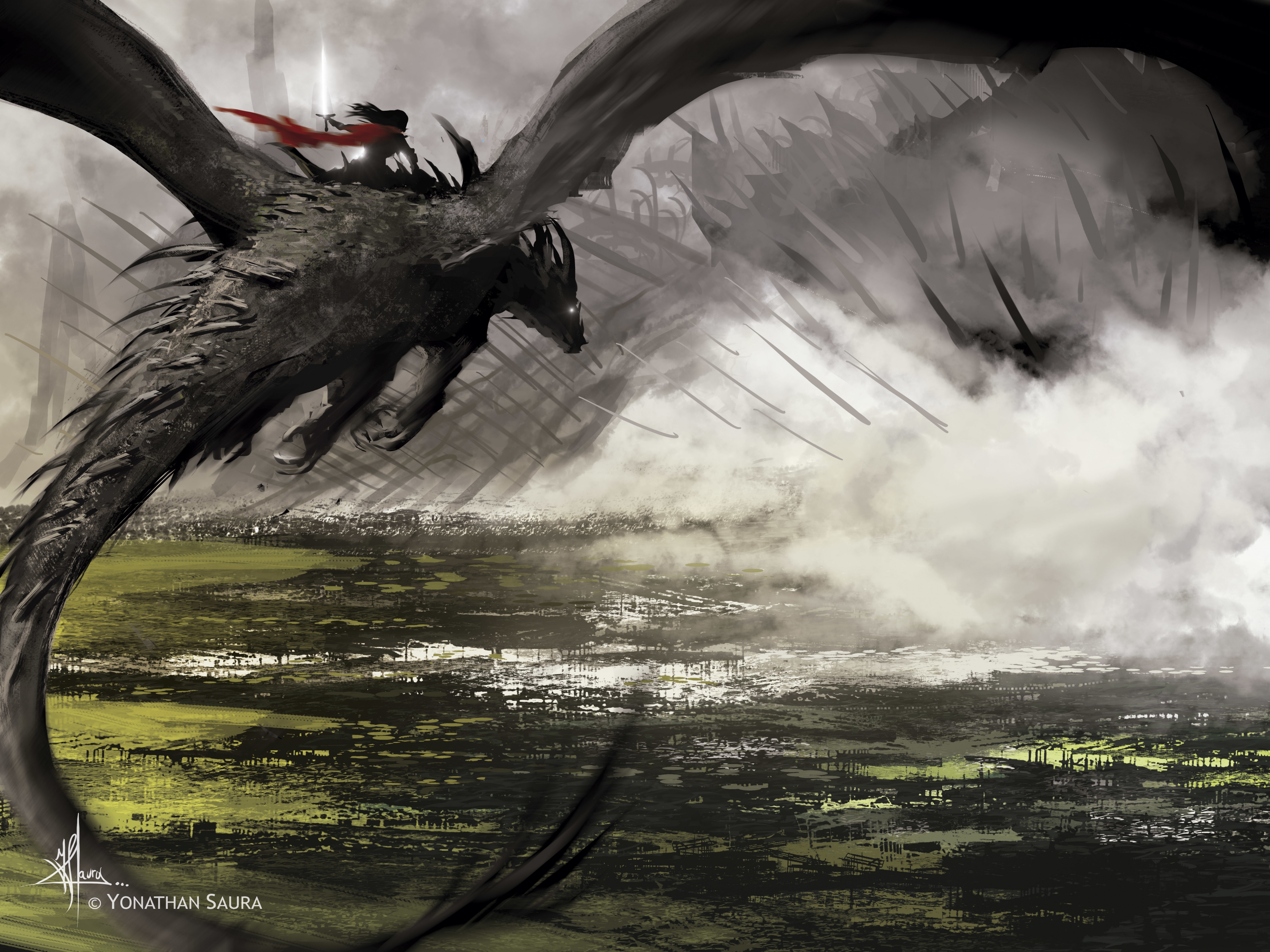 dragon, Flight, Fog Wallpaper