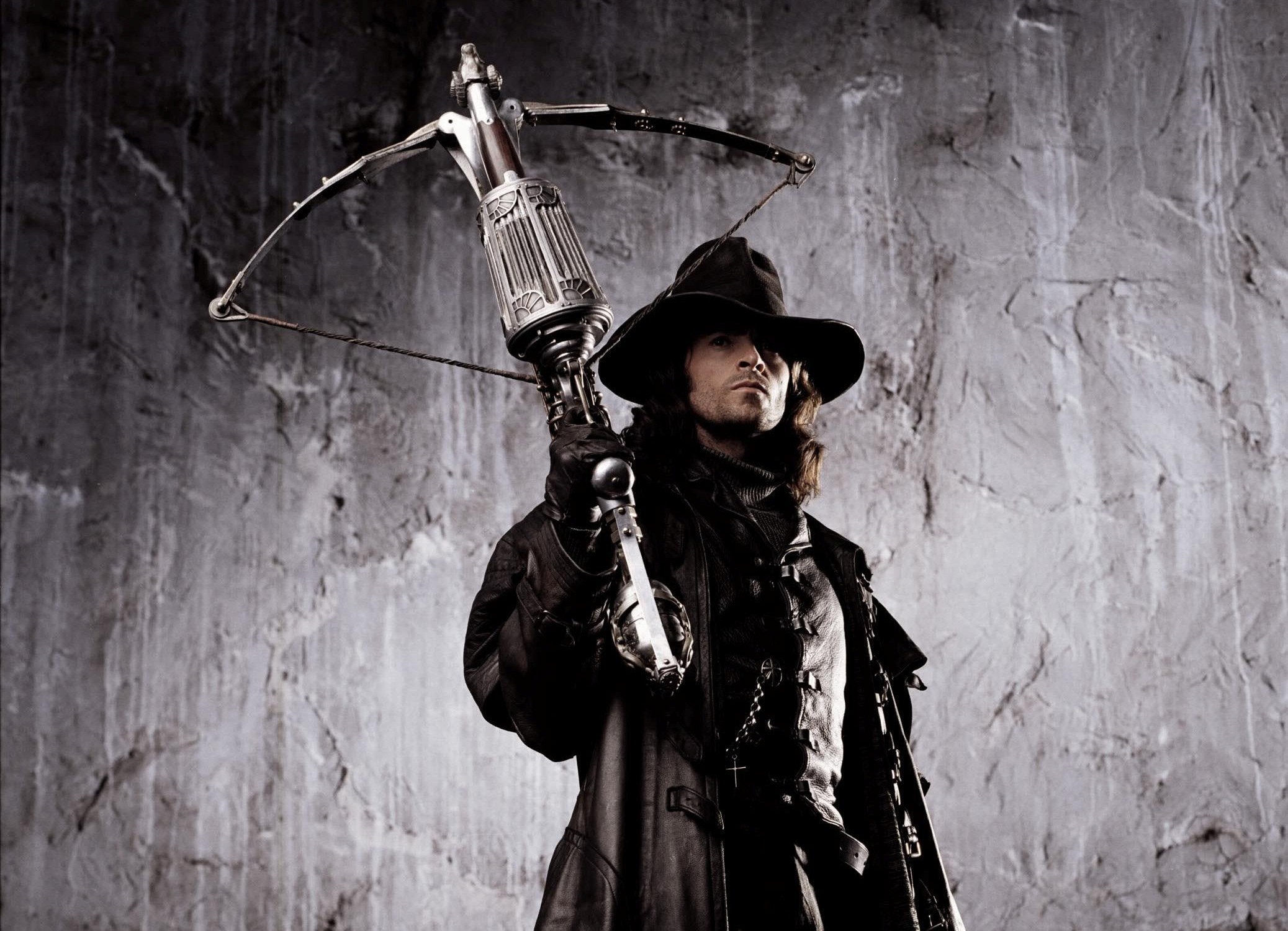 crossbow, Hair, Hugh, Jackman, Van, Helsing, Raincoat, Fantasy, Warrior Wallpaper