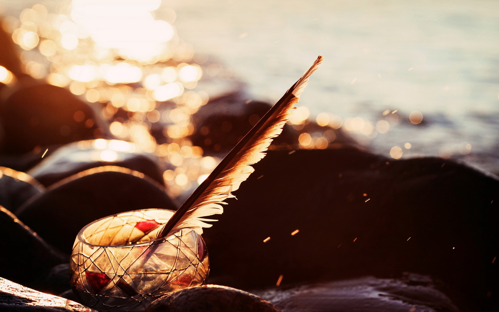 feather, Stones, Light, Bokeh Wallpaper